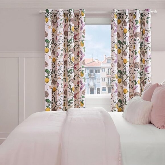 Floral Lemon Hummingbird Curtains Patterned Waverly Mid-Century Style - Picture 4 of 7